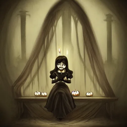 Image similar to A creepy woman with a large cynical smile sits in a dark and gloomy room, the only light is a flickering jittery candle, he writes by the candle in a journal, in a gothic, Halloween, and atmospheric art style, artstation digital art, trending on artstation, artstationHQ, artstationHD.