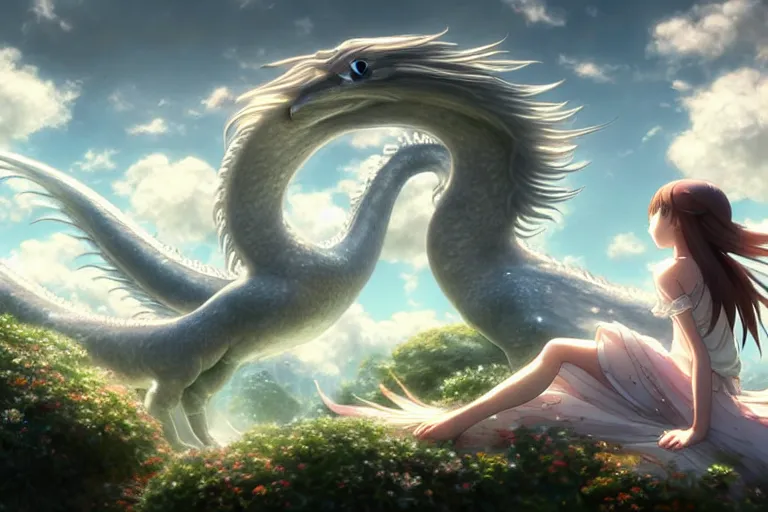 Image similar to the beautiful hyper detailed big scene render that a beautiful girl sitting on the back of a huge silver white dragon alone in fairyland surrounded by white clouds, finely detailed angelic face delicate features, style of studio ghibli, makoto shinkai, artgerm, karol bak, kazuki tanahashi, james jean, ross tran, xision, ultra wide angle