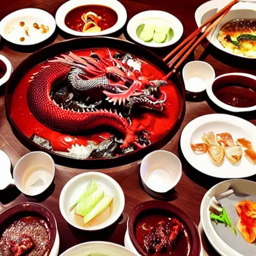 Image similar to high - end hot pot restaurant serving chinese dragon meat