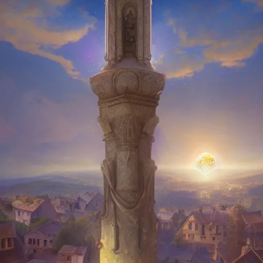 Image similar to aerial view of a hilly medieval town situated below an orb of light hanging in the sky. ornate pillar in foreground. bright orb, by alan lee by peter mohrbacher, trending on artstation sharp focus vfx key shot