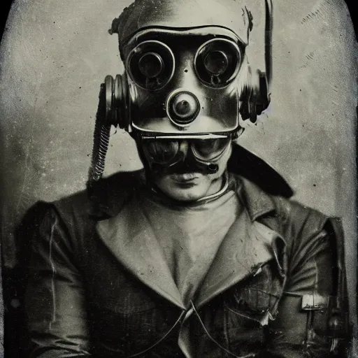 Image similar to tintype photographs of techno shamans, telepaths, dieselpunk cyborgs, masked heroes, irradiated humans, mystic mutates and monster hunters