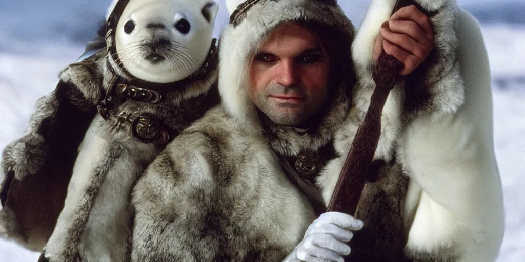 Prompt: a baby harp seal dressed as geralt from the witcher, film still