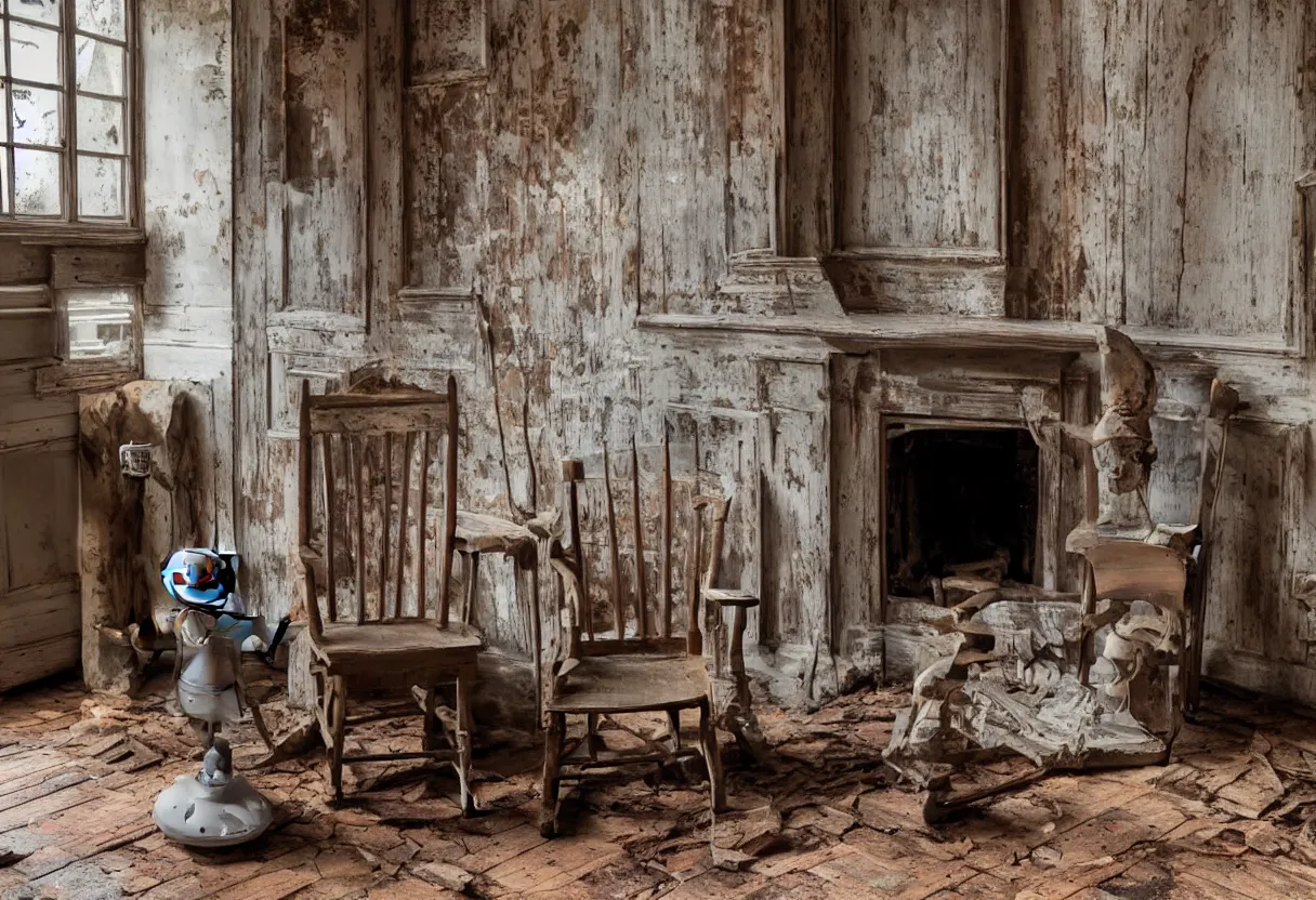 Image similar to A lonely robot sitting on a aged wooden rocking chair in front of a single beautiful fireplace in a dilapidated Victorian home