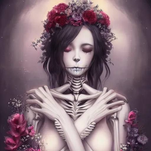 Prompt: Stunning Anime Goddess part skeleton of the floral river flowers, Kissing her king in a dark romance, misty, by cgsociety, in the style of Charlie Bowater, Tom Bagshaw, intricate, beautiful, artstation 8k, high resolution