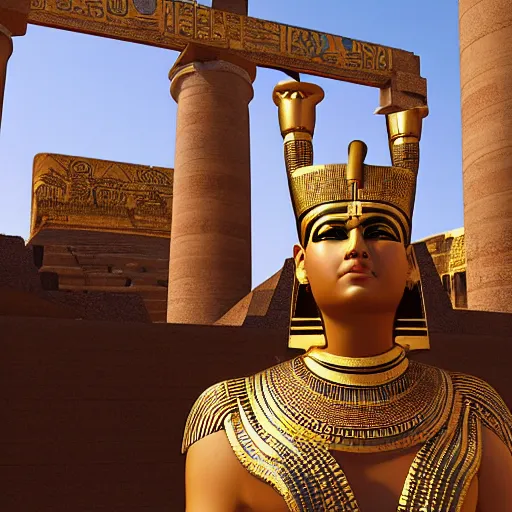 Image similar to Queen Cleopatra raises her hand to greet the crowds of the Egyptian people in front of her in a great pharaonic ceremony. In the background are sober Pharaonic temples with delicate inscriptions, and in the background the girls playing the golden harp, V-Ray, 8K, HD, fine details octane render