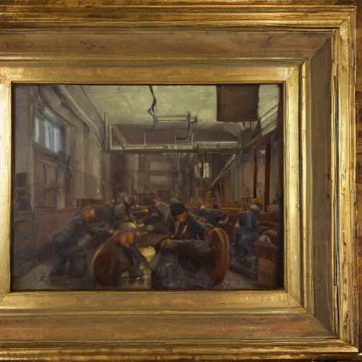 Image similar to oil painting of a nineteenth century engineers workshop, chaotic