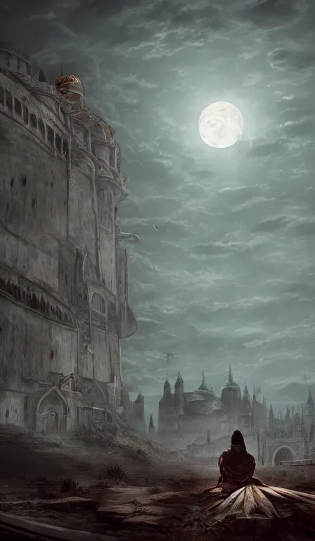 Prompt: a lonely turkic Warrior looks up to the sky at the moon, sitting near a central Asian styled yurt, Anor Londo, dramatic lighting, cinematic, establishing shot, extremely high detail, photorealistic, cinematic lighting, artstation, by simon stalenhag