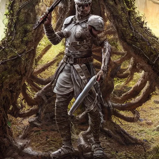 Prompt: warrior with surface of tree - bark, wearing stone wood vines armor, holding laser rifle, battlefield, highly detailed, dramatic lighting, cinematic, sci - fi, hyperrealistic, detailed