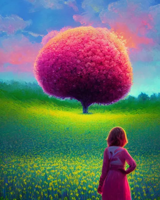 Image similar to girl with giant flower as a face and flower dress, standing in a flower field hills, big trees, sunrise dramatic light, impressionist painting, colorful clouds, digital painting, pointillism, artstation, simon stalenhag