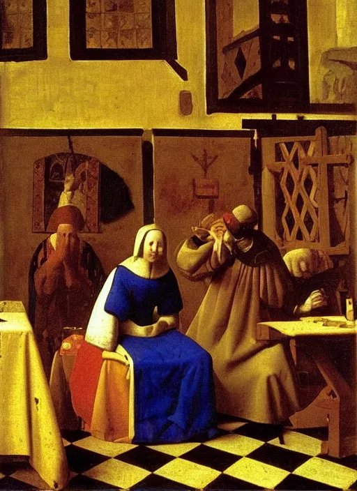 Prompt: date at the crowded medieval inn. Medieval painting, by Johannes Vermeer, Jan van Eyck