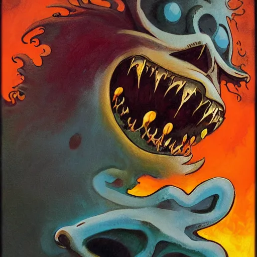 Prompt: courage the cowardly dog by frank frazetta, digital painting, masterpiece, acrylic, gouache, intricate brush strokes paint an amazing display of color and horror