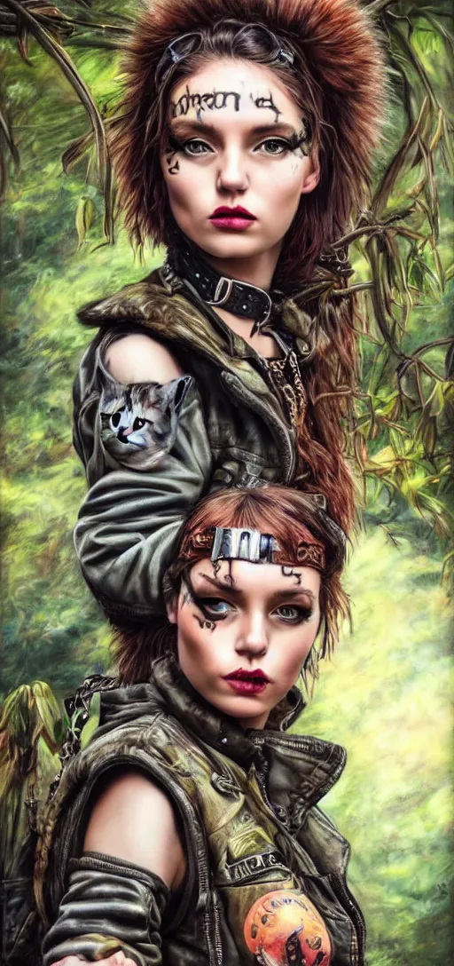 Image similar to cute punk rock girls making selfie in jungles with cats, mad max jacket, renaissance, cables on her body, hyper realistic style, oil painting, highly detailed, 4K, fantasy by Olga Fedorova