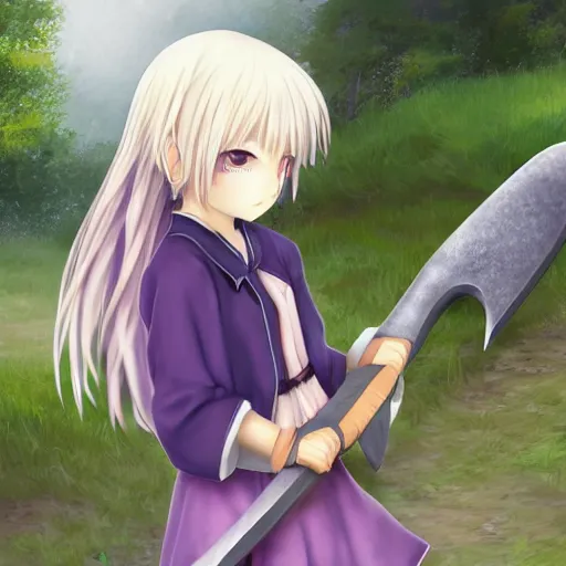 Image similar to advanced digital anime art, WLOP , a small school girl with silver hair wearing a violet dress and bare feet carrying a gigantic axe over the shoulder looking unimpressed , DOF, Gaussian Blur, —W 1920