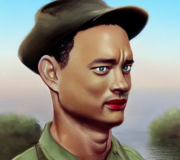 Image similar to Tom hanks as forrest gump wearing a shrimp necklace, realistic face, digital art, in the style of Raphael Lacoste, amazing detail, artstation