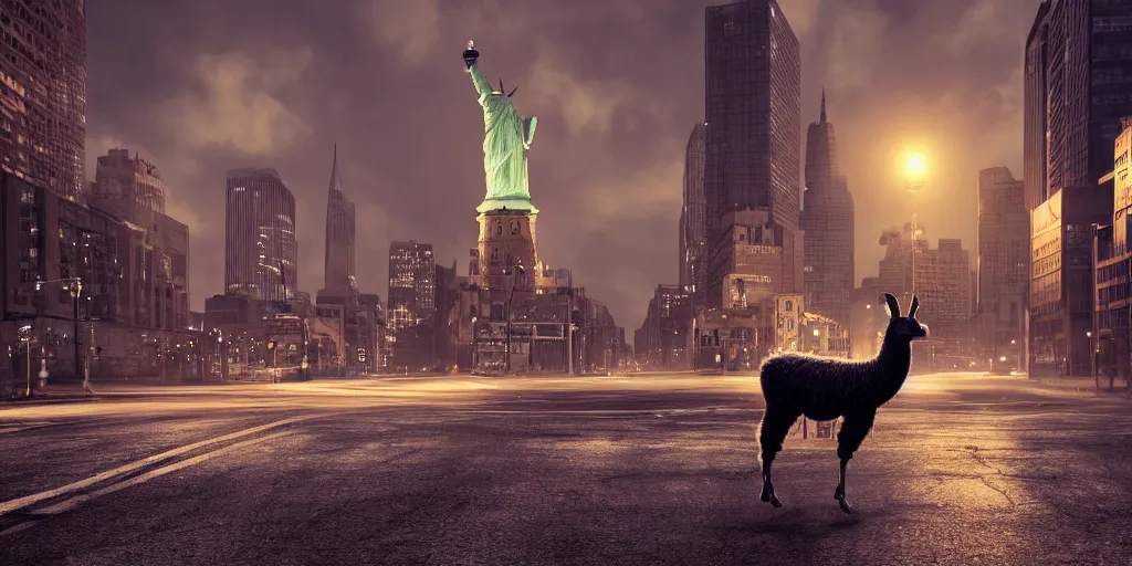 Image similar to a llama walking through a desolate city street at night, statue of liberty seen in the background, realistic 4 k octane beautifully detailed render, 4 k post - processing, highly detailed, intricate complexity, epic composition, magical atmosphere, cinematic lighting, masterpiece, ultra hd