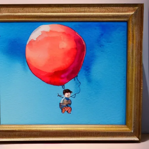 Prompt: A watercolor painting of a small boy flying a balloon