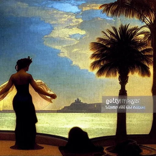 Image similar to Silhouette of two girls at the palace, thunderstorm, greek pool, beach and palm trees on the background major arcana sky, by paul delaroche, alphonse mucha and arnold böcklin arnold böcklin hyperrealistic 8k, very detailed