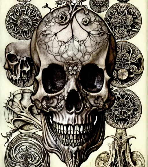 Image similar to memento mori by arthur rackham, art forms of nature by ernst haeckel, exquisitely detailed, art nouveau, gothic, ornately carved beautiful skull dominant, intricately carved antique bone, art nouveau botanicals, ornamental bone carvings, art forms of nature by ernst haeckel, horizontal symmetry, arthur rackham, ernst haeckel, symbolist