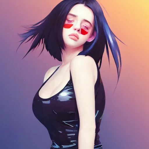 Image similar to a beautiful billie eilish kat dennings alluring instagram model in elaborate latex tank top, by guweiz and wlop and ilya kuvshinov and artgerm and makoto shinkai and studio ghibli, symmetrical eyes, aesthetic, gorgeous, stunning, alluring, attractive, artstation, deviantart, pinterest, digital art