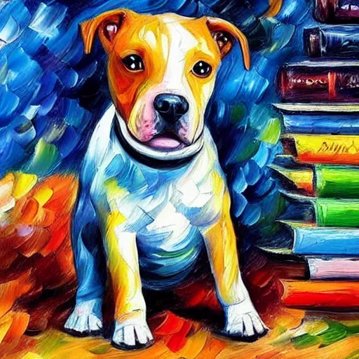 Prompt: painting of a mini pit bull wearing a suit as a politician by Leonid Afremov