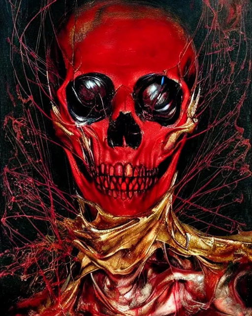 Prompt: a skinned skull nightmare creature, cinematic, dystopian, eerie, horror, gothic, draped in gold, black and red, highly detailed painting by !!!Jenny Saville!!!, Esao Andrews, (((Francis Bacon))), Edward Hopper, surrealism, art by Takato Yamamoto and James Jean