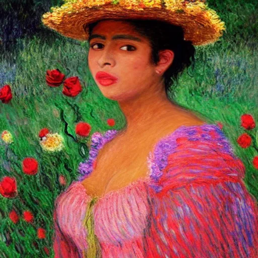 Image similar to beautiful tan mexican woman, full body, dancing in a field of roses and many other exotic flowers, prominent rosy cheek bones, black hair and brown eyes, monet and da vinci art style,