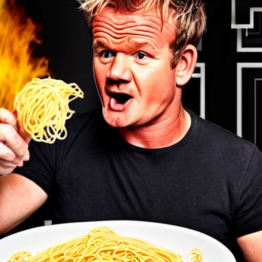 Prompt: <photo hd>Gordon Ramsey yells while eating spaghetti with his hands</photo>