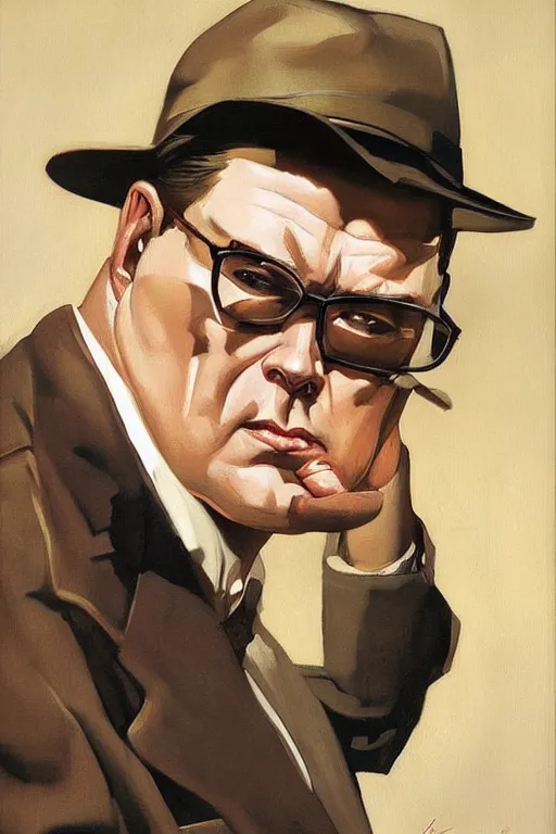 Image similar to kind faced, chubby hank hill, blank expression, painting by jc leyendecker!! phil hale!, angular, brush strokes, painterly, vintage, crisp