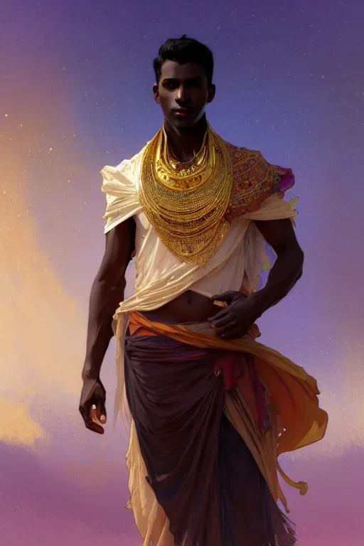 Prompt: full figure beautiful young fit dark skin man, covered in multicolored arabian fluent clothes, luminous scene, by greg rutkowski and alphonse mucha, d & d character, gradient white to gold, in front of a dune desert background, highly detailed portrait, digital painting, artstation, concept art, smooth, sharp focus illustration, artstation hq