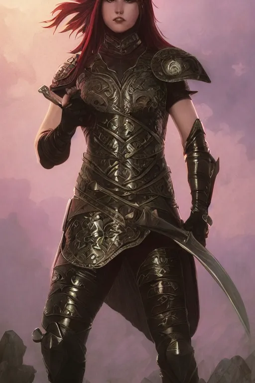 Image similar to a beautiful render of female warrior, gothic background, leather armor, wielding a sword, a beautiful face, perfectly shaded, atmospheric lighting, style of makoto shinkai, raphael lacoste, louis comfort tiffany, artgerm, karol bak, james jean, alphonse maria mucha