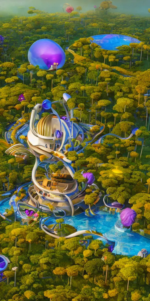 Image similar to humongous technologic flower - shaped house on a alien planet, by pixar, smooth, cinematic, wet reflections, ray tracing x, rtx, smooth