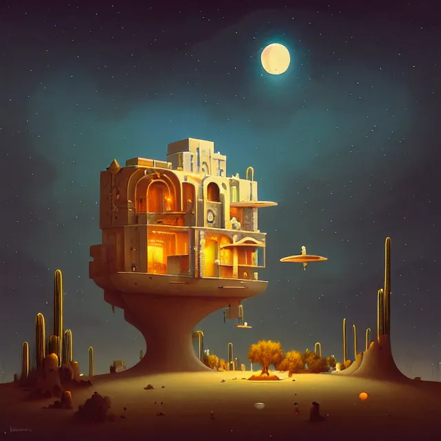 Image similar to a single building flying above a desert oasis in a moonlit night in the style of peter mohrbacher and jacek yerka