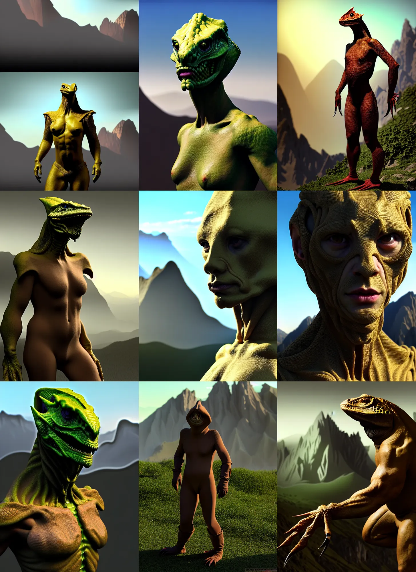 Prompt: human costume design made by lizardman, sophisticated composition, old masters light composition, procedurally generated, drama character posing for concept art, dramatic mountains behind, substance designer, PBR, HD, Ultra detailed, hyperrealistic, megascans, volumetric light, concept by master artist, made in paint tool SAI2, trending 500px face