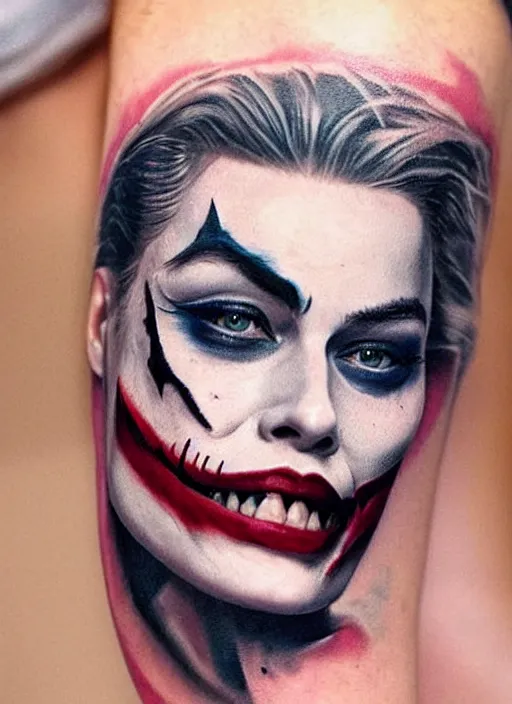 Image similar to tattoo design of margot robbie with joker makeup, ace card, realistic face, black and white, realism tattoo, hyper realistic, highly detailed
