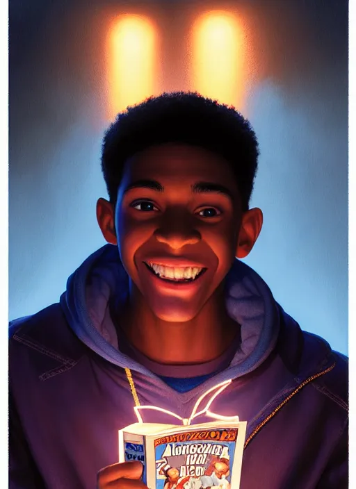 Image similar to portrait of teenage chuck clayton, black teenage boy, very short curly hair, very short hair, square jaw, slight excited smile, reading archie andrews comic book, intricate, elegant, glowing lights, highly detailed, digital painting, artstation, concept art, smooth, sharp focus, illustration, art by wlop, mars ravelo and greg rutkowski