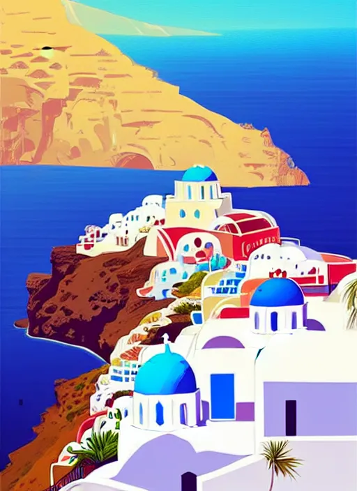 Prompt: a travel poster illustration depicting a house in santorini with an ocean view, vintage style, white architecture, digital painting, vector art, trending on artstration, by anton fadeev, by alena aenami