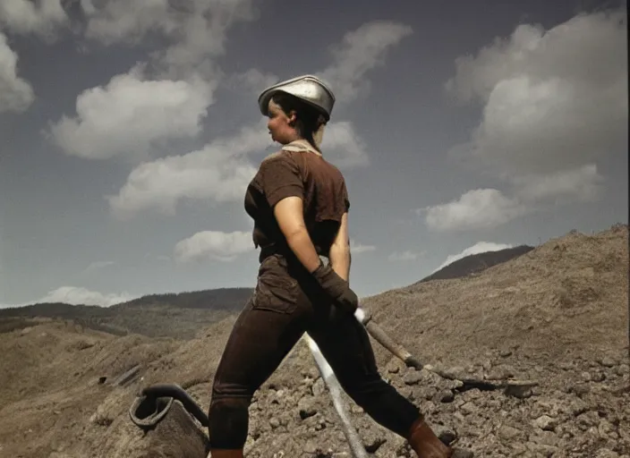 Prompt: 90's professional color photograph, A Muscular miner woman, view from behind.