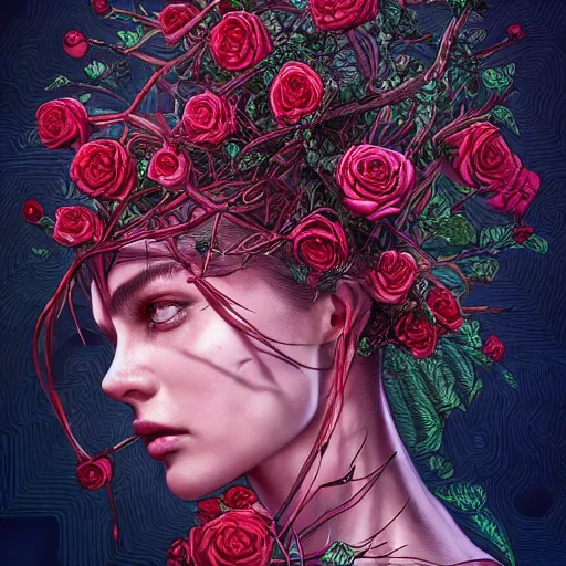 Image similar to the anatomy of a head of thorns with roses that resemble a beautiful young woman looking up, an ultrafine detailed illustration by james jean, intricate linework, bright colors, final fantasy, behance contest winner, vanitas, angular, altermodern, unreal engine 5 highly rendered, global illumination, radiant light, detailed and intricate environment