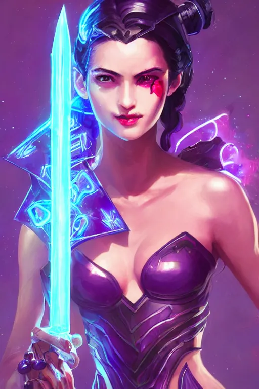 Image similar to diana from league of legends, cyberpunk futuristic neon. holding a moon sword, moon glowing in background decorated with traditional japanese ornaments by ismail inceoglu dragan bibin hans thoma greg rutkowski alexandros pyromallis nekro rene maritte illustrated, perfect face, fine details, realistic shaded, fine - face, pretty face, masterpiece