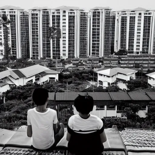 Image similar to photo of two singaporean students sitting on the roof of a hdb flat, black and white, award winning, composition