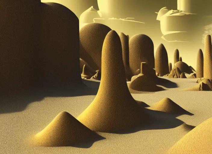 Image similar to cover concept art of the lost sand city, levitating rock piles, golden towers, golden pillars, palm trees, space and time, floating objects, post-processing, in the style of Hugh Ferriss, Behance, Artgerm. High detail, ultra realistic render, octane, 3D, photorealism, symmetric, cinematic from the umbrella academy