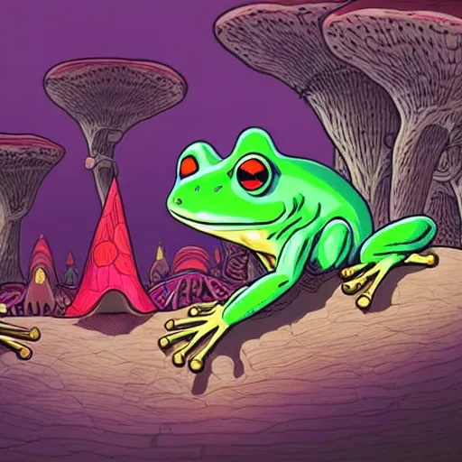 Image similar to A close up portrait of a dignified psychedelic godlike anthropomorphic frog smoking an anime blunt , magic mushroom village in background . award winning. superb resolution. in the art style of junji Ito and greg rutkowski . Detailed Mushroom city in background. Hyper realistic anime. Perfect art. Dalle2