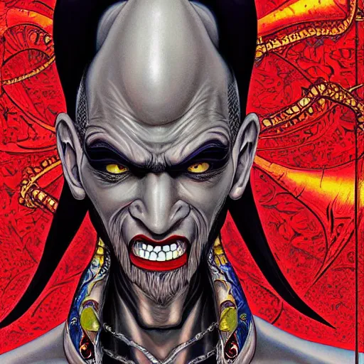 Prompt: portrait closeup of crazy dark jafar from aladdin, symmetrical, by yoichi hatakenaka, masamune shirow, josan gonzales and dan mumford, ayami kojima, takato yamamoto, barclay shaw, karol bak, yukito kishiro