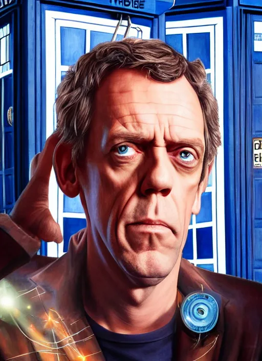 Image similar to portrait of hugh laurie standing next to the tardis from doctor who, portrait, pixar style, by tristan eaton stanley artgerm and tom bagshaw.