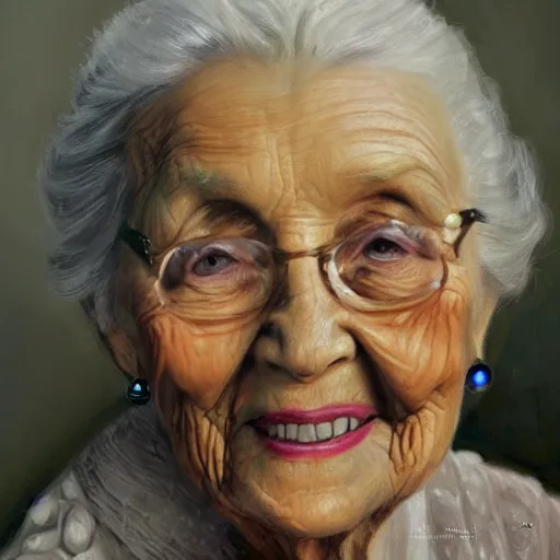 Prompt: A photo of a portrait of a 95 year old lady, trending on Art Station, high detailed, photorealistic