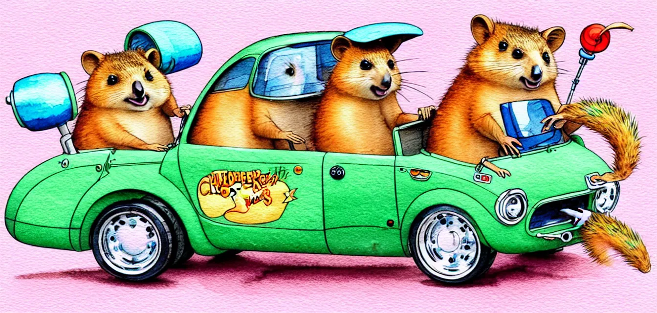 Image similar to cute and funny, quokka riding in a tiny hot rod with oversized engine, ratfink style by ed roth, centered award winning watercolor pen illustration, isometric illustration by chihiro iwasaki, edited by range murata, tiny details by artgerm and watercolor girl, symmetrically isometrically centered