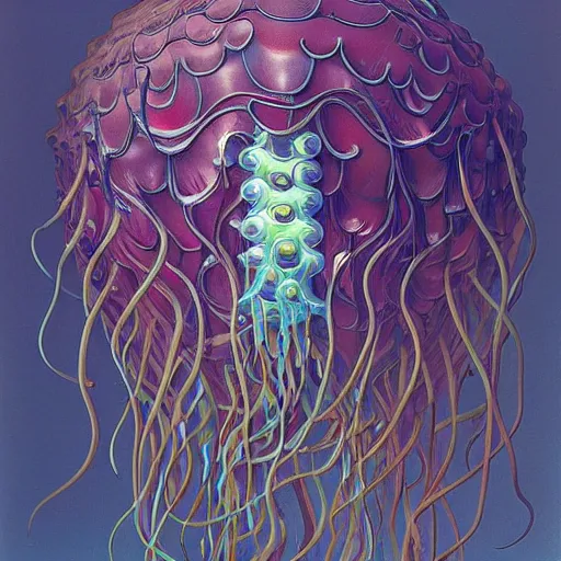 Image similar to weird jellyfish by jeff koons, m. c. escher, zdzisław beksinski, beeple, rutkowski, and alphonse mucha, chihuly