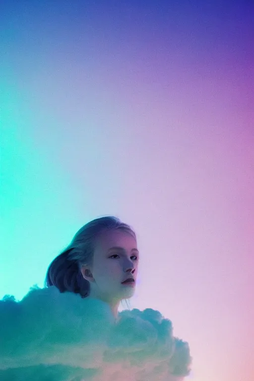 Image similar to high quality pastel coloured film close up wide angle photograph of a model wearing clothing resting on cloud furniture in a icelandic black rock!! environment in a partially haze filled dreamstate world. three point light, rainbow. photographic production. art directed. pastel colours. volumetric clouds. pastel gradient overlay. waves glitch artefacts. extreme facial clarity. 8 k. filmic.