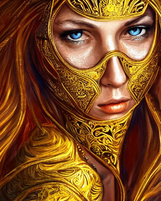 Prompt: acrylic painting portrait of woman in shining golden armor, high production value, intricate details, high resolution, hdr, high definition, masterpiece, realistic, ultrarealistic, highly detailed, hd, sharp focus, non blurry, sharp, smooth