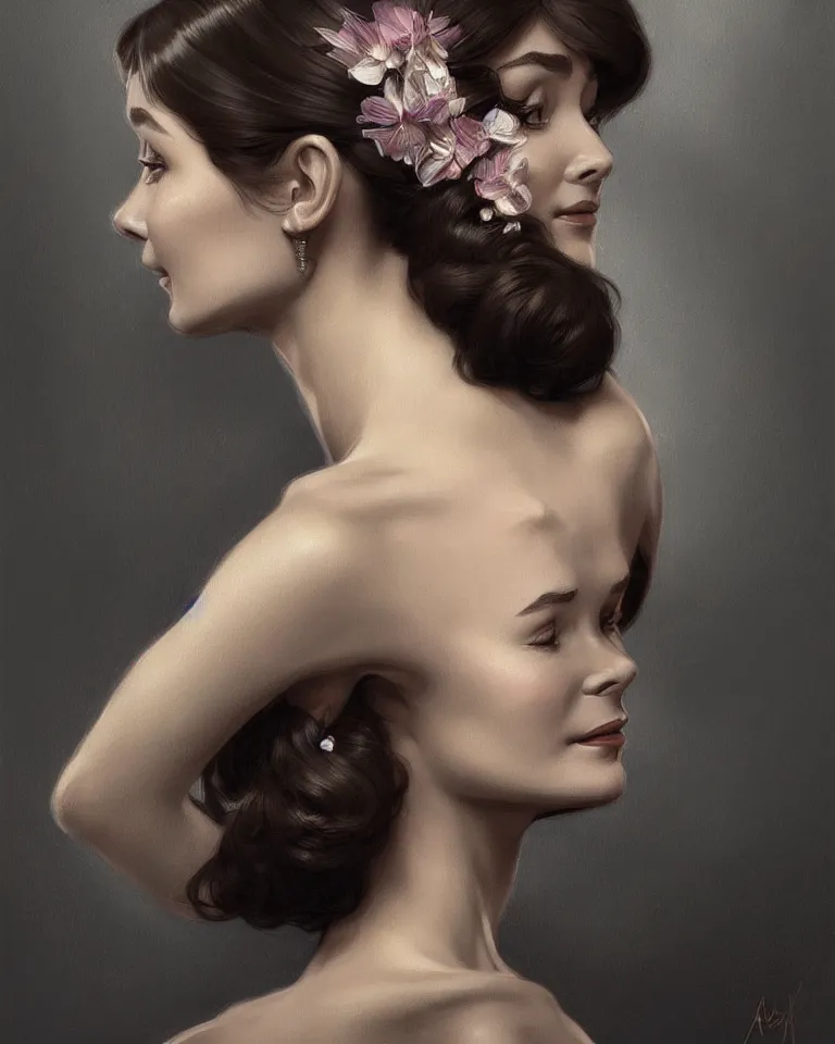 Image similar to portrait of a young audrey hepburn, upper bust, seductive eyes, long hair, joyful smirk, intricate, elegant, highly detailed, digital painting, artstation, concept art, matte, sharp focus, illustration, art by artgerm and greg rutkowski and alphonse mucha